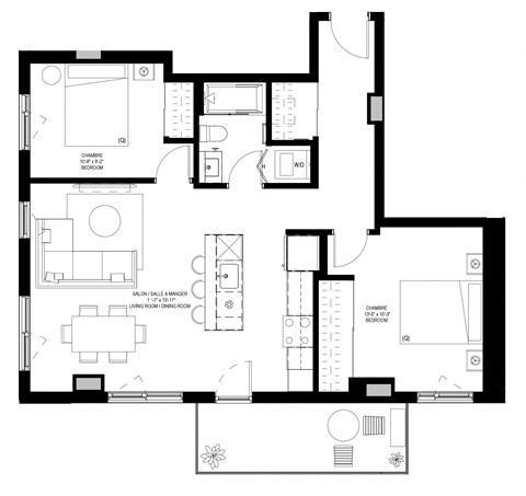 Floor plan for 2 beds, 1 bath, 912 sqft